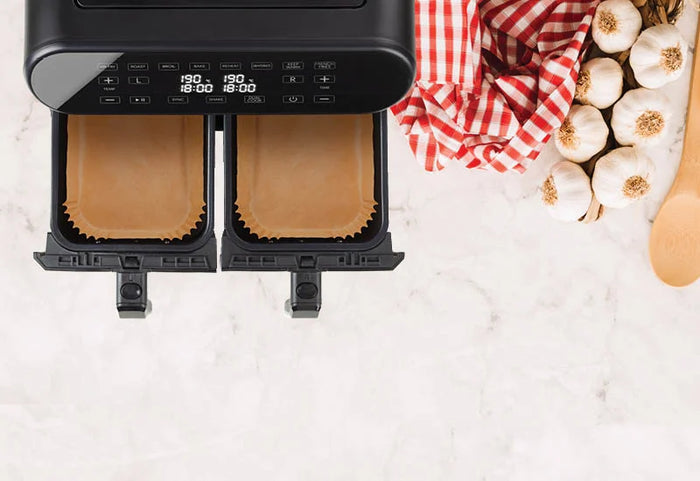 Kepimo popierius suderinamas su įvairiomis karšto oro gruzdintuvėmis su stačiakampiu krepšeliu.