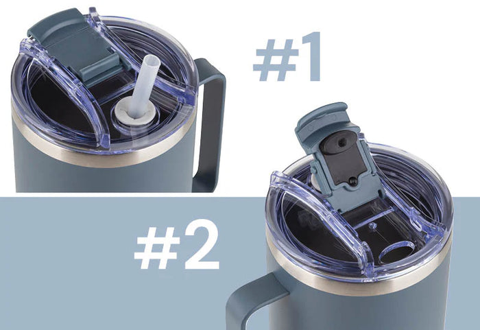 Sprendimas gerti be baimės, kad netyčia išpilsite: dangtelis su užraktu ir šiaudeliu.