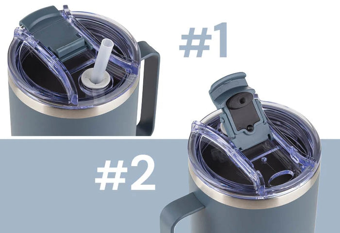 Sprendimas gerti be baimės, kad netyčia išpilsite: dangtelis su užraktu ir šiaudeliu.