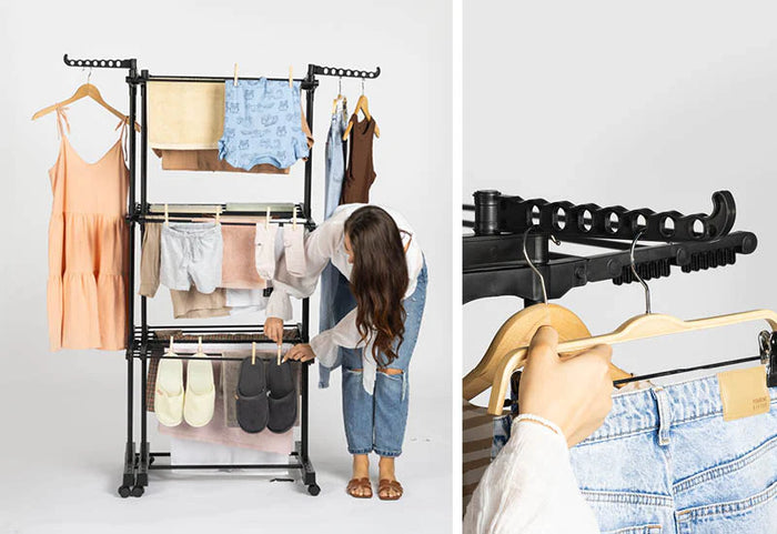 Didelė drabužių, patalynės ir ilgesnių drabužių džiovinimo zona.