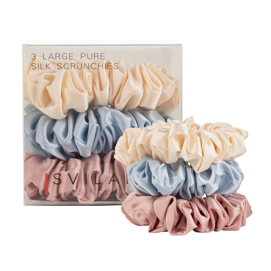 Svilanit trijų plaukų gumyčių rinkinys iš aukštos kokybės šilkmedžio šilko Pastel