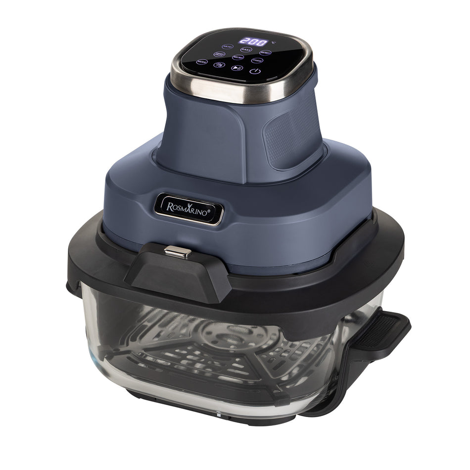 Nešiojama stiklinė karšto oro gruzdintuvė Rosmarino Airfryer Crispy PRO Series 6-in-1 – 4,5 L + 1,8 L, mėlyna