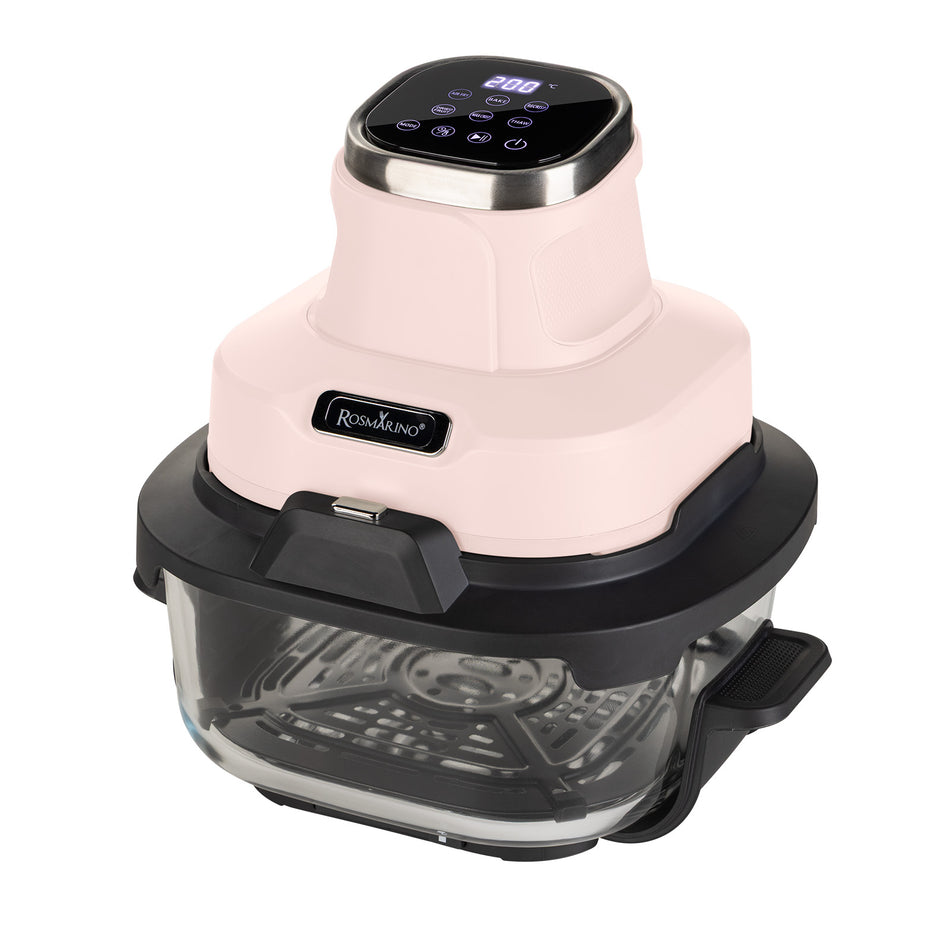 Nešiojama stiklinė karšto oro gruzdintuvė Rosmarino Airfryer Crispy PRO Series 6-in-1 – 4,5 L + 1,8 L, rožinė
